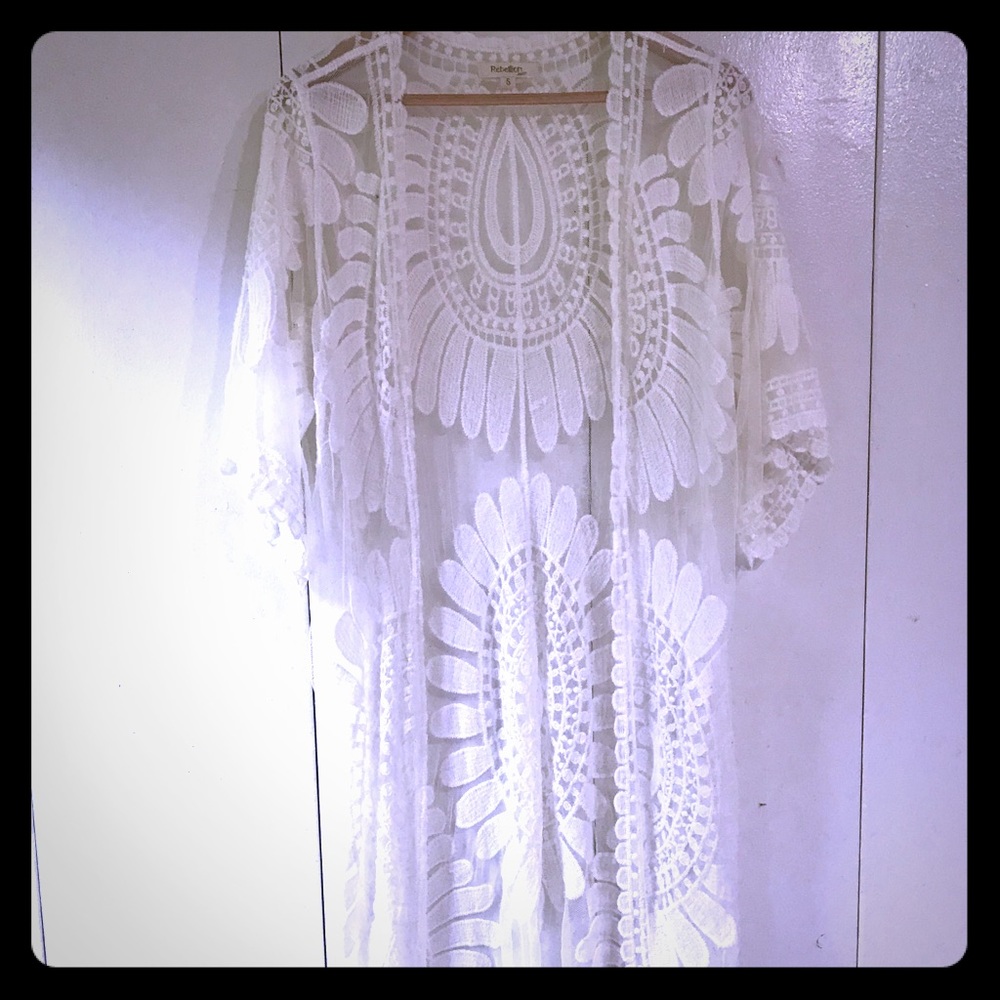 Long Sheer White Kimono with floral lace detail